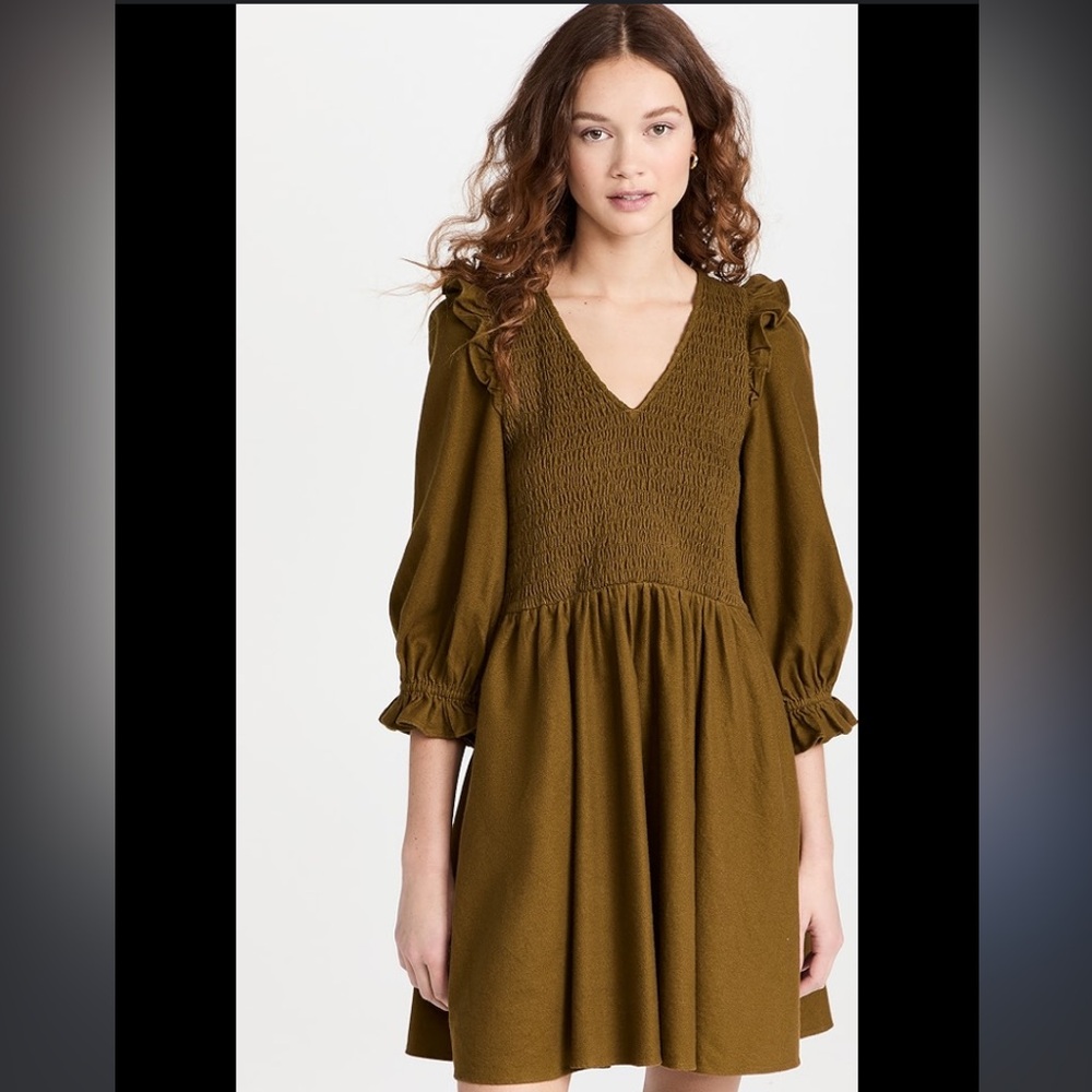 Madewell Flannel Lucie V Neck Smocked Mini Dress in Olive Green